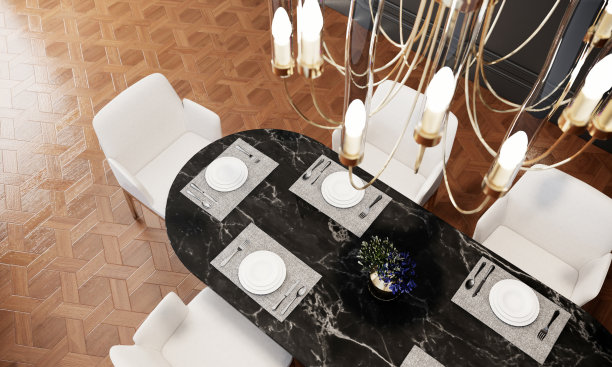 现代豪华餐厅室内设计与黑色大理石餐桌和吊灯。三维渲染图片下载