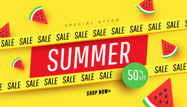 夏季销售矢量插图与热带海滩配件，成熟的西瓜片背景。网站、传单和海报的宣传横幅。图片下载
