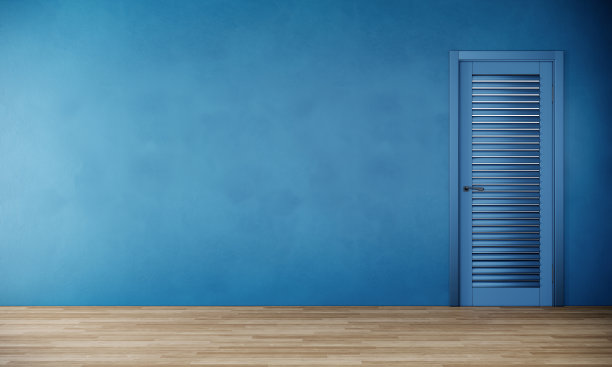 空房间室内设计，蓝色墙壁和拼花地板，3d渲染图片下载