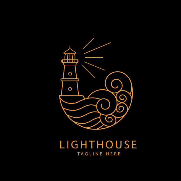 灯塔标志用海浪单线风格设计插图图片下载