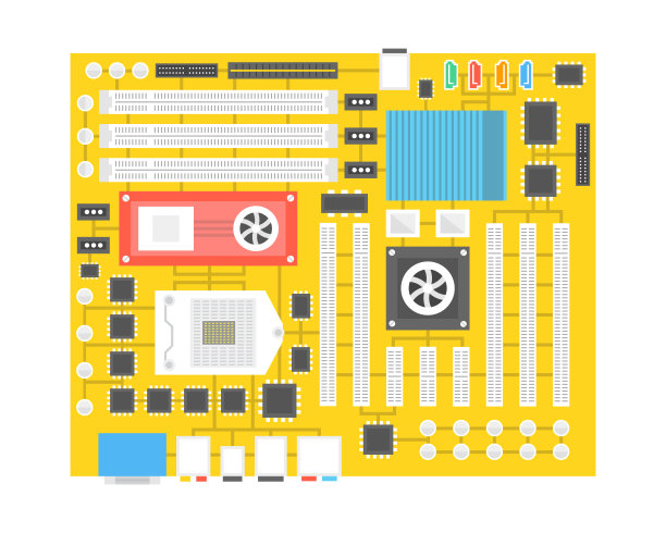 计算机芯片技术、处理器电路和计算机主板信息系统。平的卡通风格。矢量插图。图片下载
