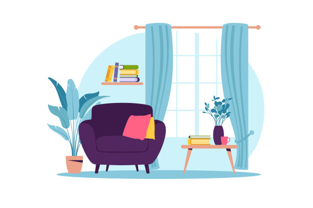 客厅内部有家具。现代扶手椅与迷你桌子。平的卡通风格。矢量插图。图片下载