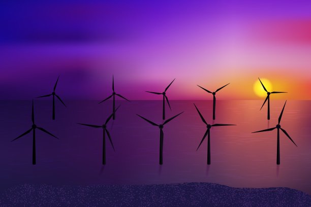 风力涡轮机，生态发电机，都在水中。美丽的紫红色海上日落。图片下载