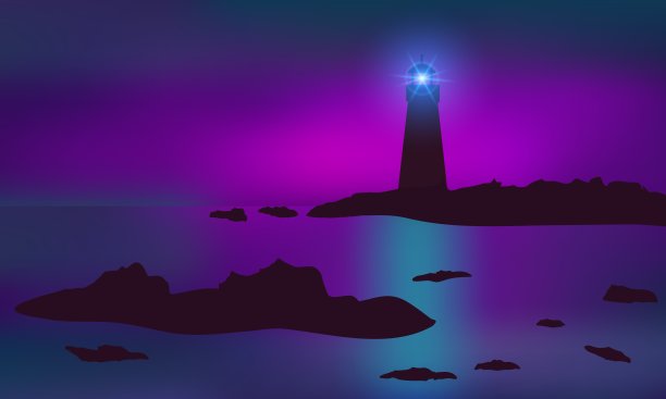 灯塔照亮礁石，海岸。美丽的淡紫色的夕阳。图片下载