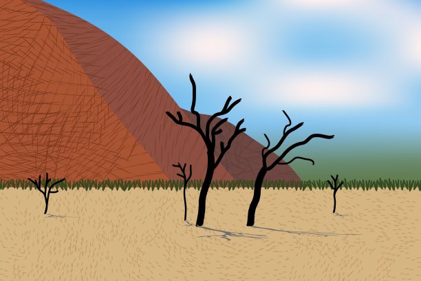 美丽的沙漠景观与程式化的山，树木，草地和灌木丛。美好的一天。图片下载