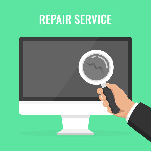 电脑维修服务。手拿放大镜检查故障。矢量插图。图片下载