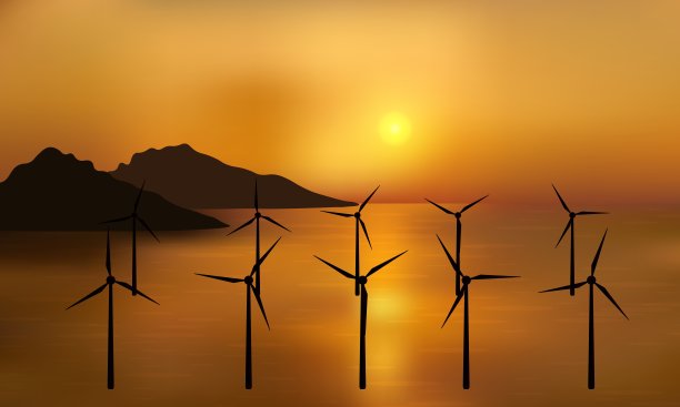 风力涡轮机，生态发电机，站在水中与遥远的山脉。美丽的金色海面落日。图片下载