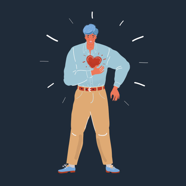 矢量插图的人有心脏或恐慌发作。黑色背景上的男性角色。图片下载