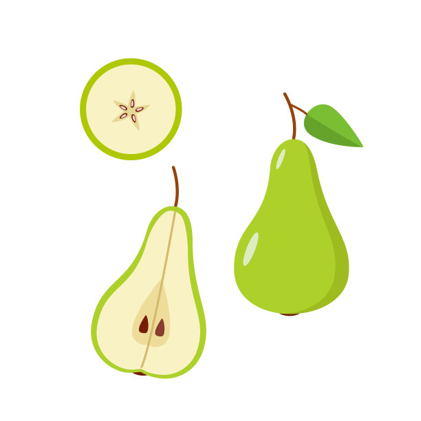 绿色的梨是整个，一半和一片梨在白色的背景。矢量插图的成熟多汁的水果梨。图片下载