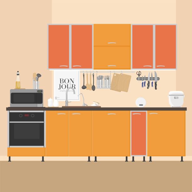 配备厨房内部。矢量插图。房子的设计。元素用于做饭。刀，匙，叉，肥皂，炉子，水槽，油，多灶。图片的法语引用Bonjour的意思是你好，我的朋友。图片下载