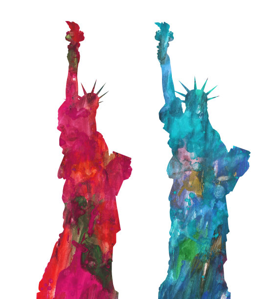 红蓝相间的水彩画自由女神像图片下载