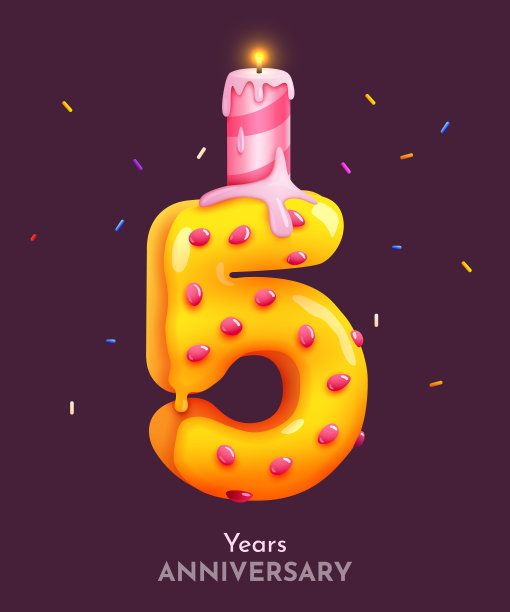 生日蛋糕字体5号与蜡烛。五年的纪念日。美味的集合。图片下载