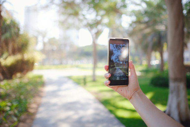 女性游客在夏季模糊背景下手持设备图片下载