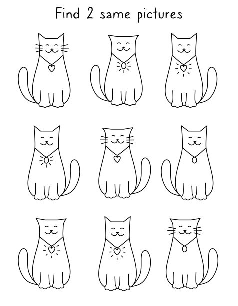 找两张相同的可爱猫咪的照片。卡通有趣的宠物着色。儿童教育活动游戏。找到2只一模一样的涂鸦猫。轮廓黑白画。手绘矢量股票插图。图片下载