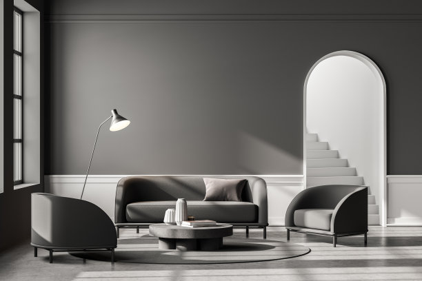 黑暗的客厅内部，混凝土地板上的沙发和椅子，模型图片下载