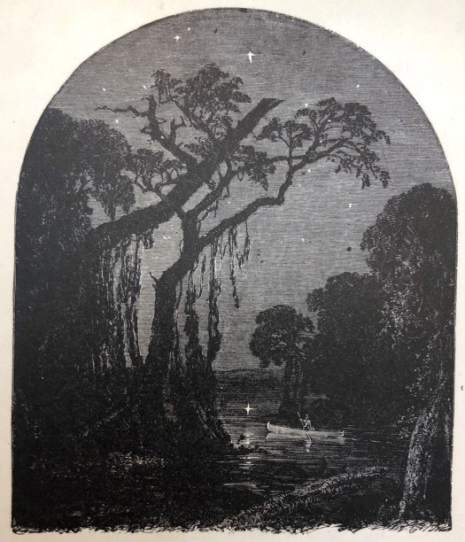 古色古香的插图-诗歌的托马斯摩尔-人在独木舟上的水在夜晚在黑暗图片下载