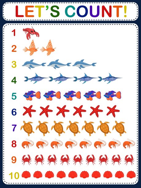 教育儿童矢量插图的主题简单的数学计算。海洋生物。计算游戏图片下载