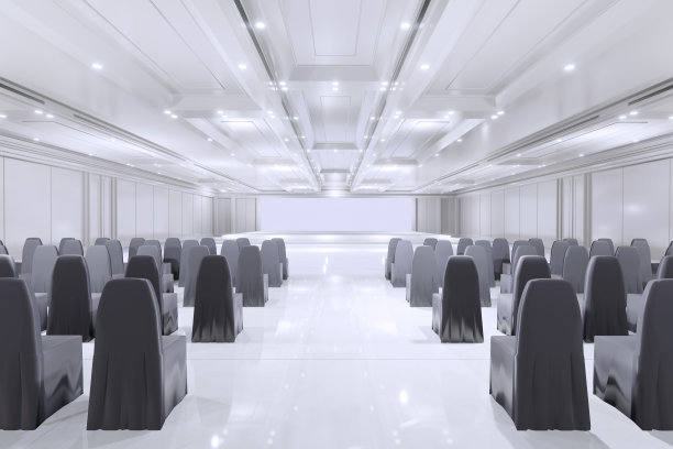 空的会议大厅中心有舞台。背景为展台、展台元素。会议的会议室。大型娱乐场所，音乐会，活动。舞厅。3 d渲染。图片下载