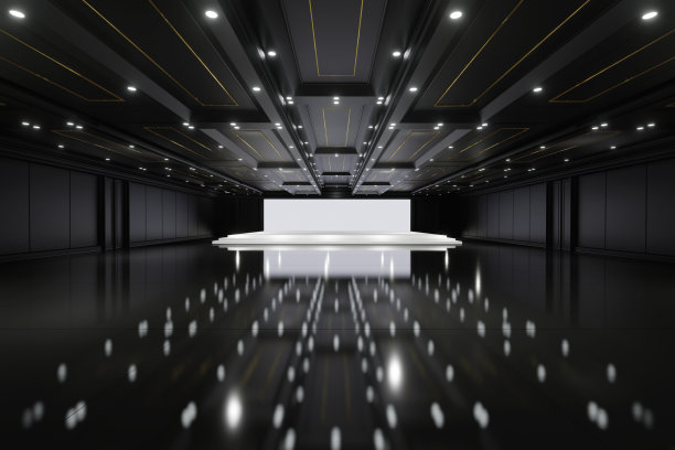 空的会议大厅中心有舞台。背景为展台、展台元素。会议的会议室。大型娱乐场所，音乐会，活动。舞厅。3 d渲染。图片下载