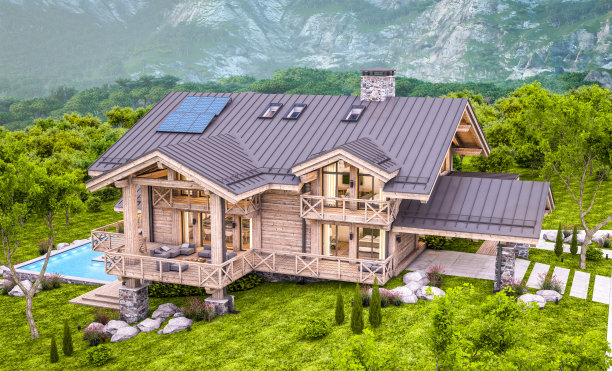 现代舒适小屋在晚上的3d渲染图片下载