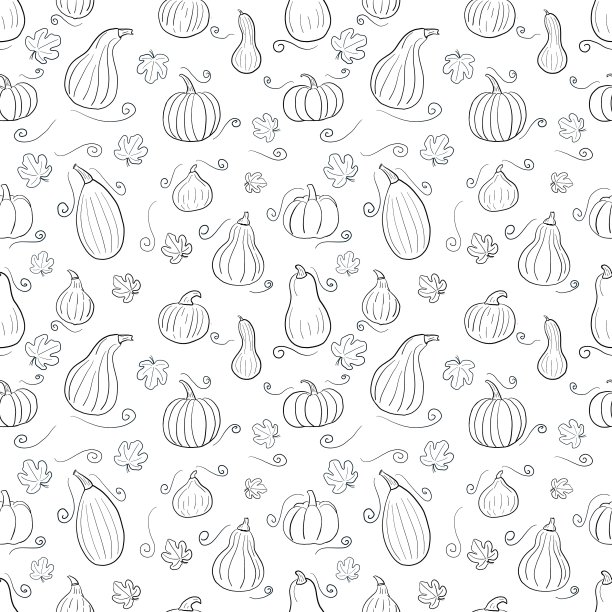 无缝线形自然图案的南瓜和树叶在涂鸦风格图片下载