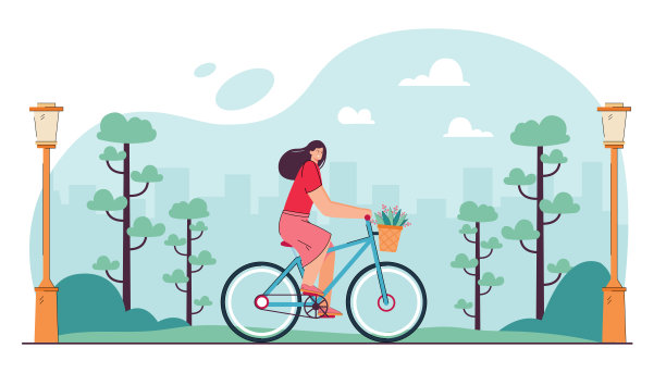 快乐女孩骑自行车在公园平面矢量插图图片下载