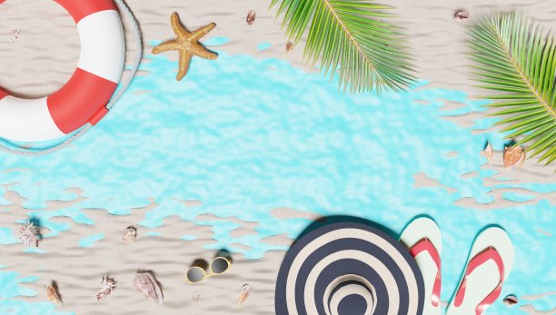 海滩场景与道具的壁纸，3d渲染。图片下载