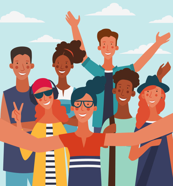 一群年轻人在自拍和大笑。友谊，沟通，团队合作和连接向量的概念股票图片下载