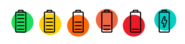电池充电设置指示器低和高能量水平。充满电和放电的蓄电池与彩色辉光。小工具界面的图标，移动应用程序eps 10图片下载