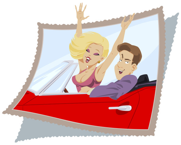 幸福的年轻夫妇在敞篷车为互联网和图片下载