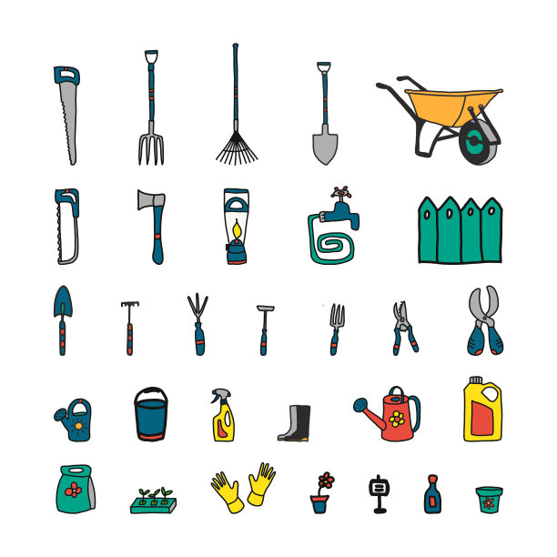 园艺工具，插图向量。园艺工作工具手绘套装。在花园工作的良好设备，园艺车，手套，剪枝夹，种子，郁金香花，铲子，喷壶等。涂鸦矢量插图集图片下载