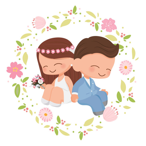 可爱的婚礼夫妇花花环扁平风格的情人节或婚礼卡片eps10矢量插图图片下载