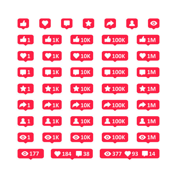 社交媒体活动通知矢量图标设置。点赞，点赞，评论，喜欢，分享，关注者，观点符号。矢量插图EPS 10图片下载