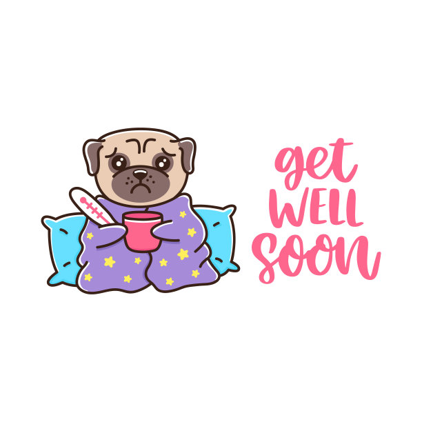 哈巴狗生病了，用体温计裹着毯子;喝一杯热饮。图片下载