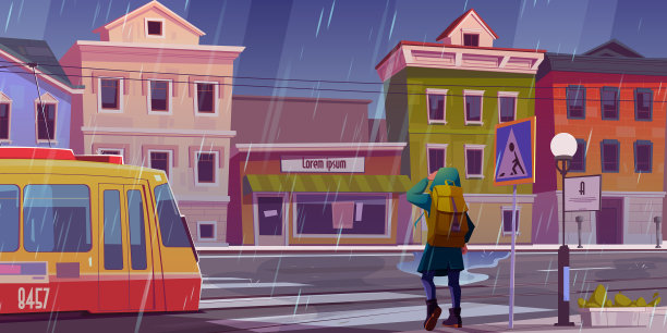 城市街道上有房屋、有轨电车和行人图片下载