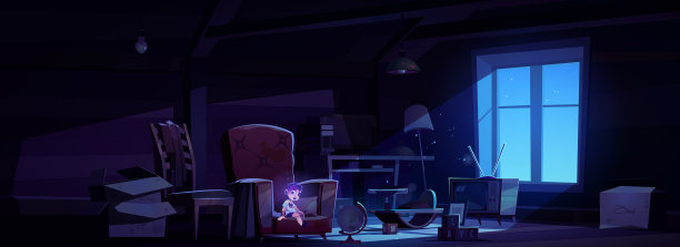 废弃的夜晚阁楼与鬼男孩幽灵的场景图片下载