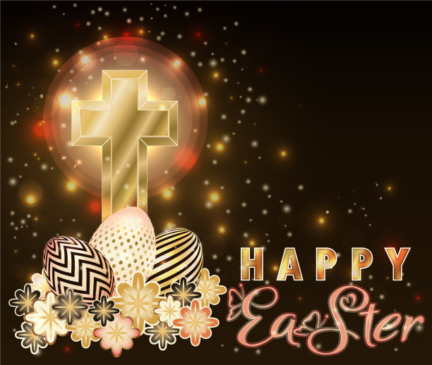 复活节快乐贺卡与金十字架蛋图片下载