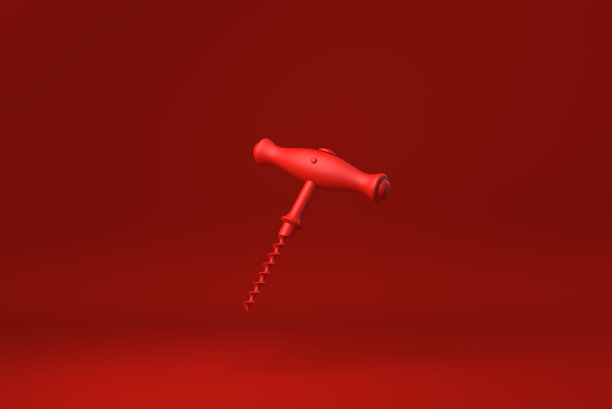 红色背景下漂浮着木质手柄的红酒开瓶器。最小概念创意。单色。3 d渲染。图片下载