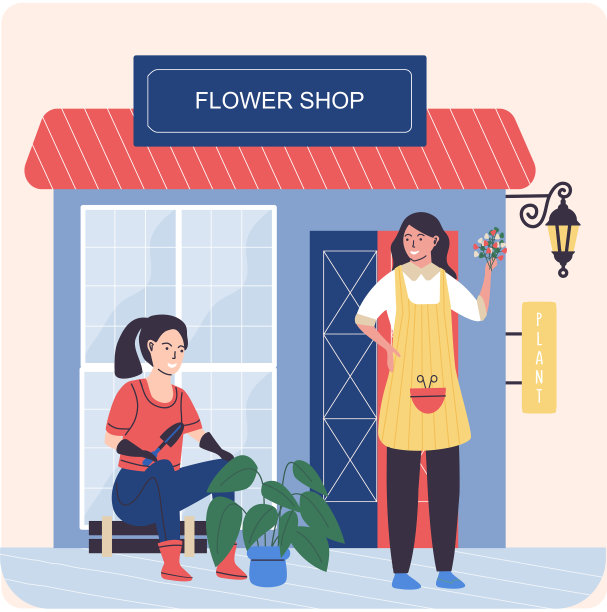 花店橱窗和花店在平面风格图片下载