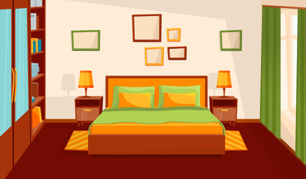 舒适的卧室内部舒适的房间平面卡通图片下载