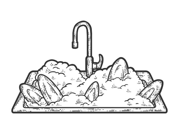 水槽里的脏盘子和泡沫造成的划痕图片下载