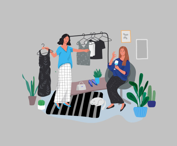 女孩们在衣柜里挑选衣服喝葡萄酒和图片下载