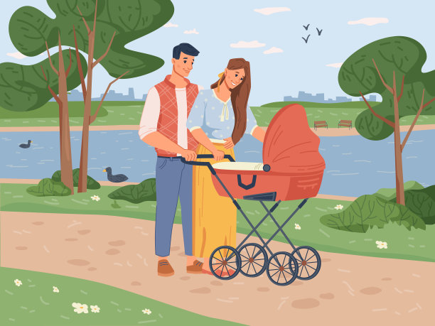 快乐的父母和刚出生的孩子在公园散步图片下载