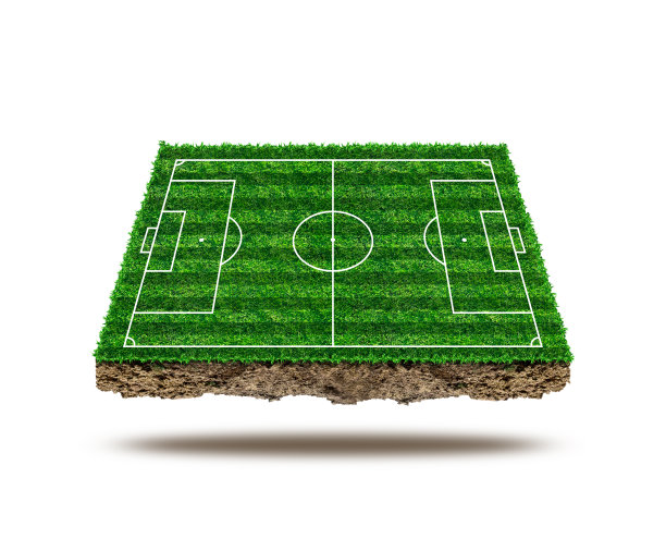 足球场区域和孤立的背景。足球场上的绿色草地，透视图中有图案和纹理。图片下载
