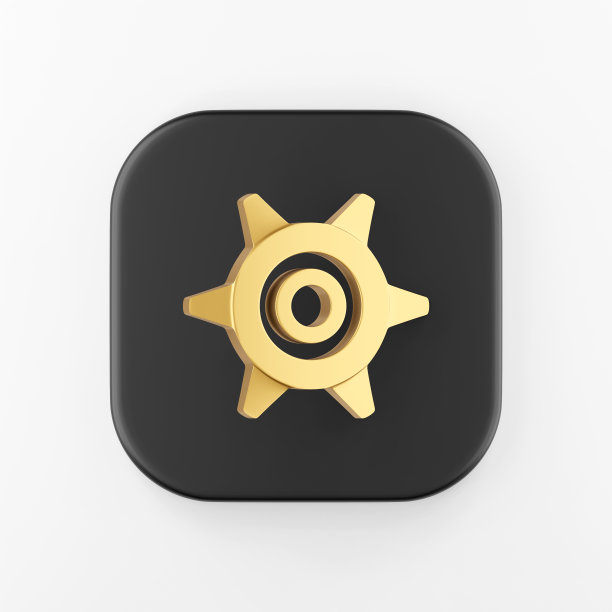 卡通风格的黄金齿轮图标。3d渲染黑色方块按键，界面UI ux元素。图片下载