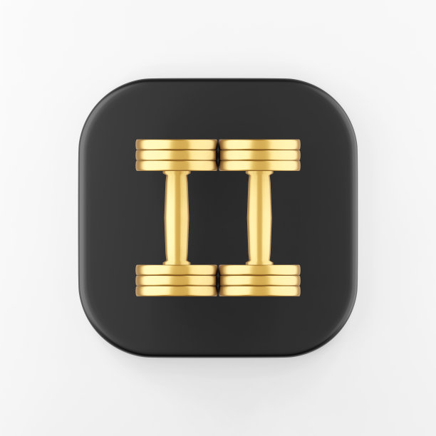 俯视图金色哑铃图标。3d渲染黑色方块按键，界面UI ux元素。图片下载