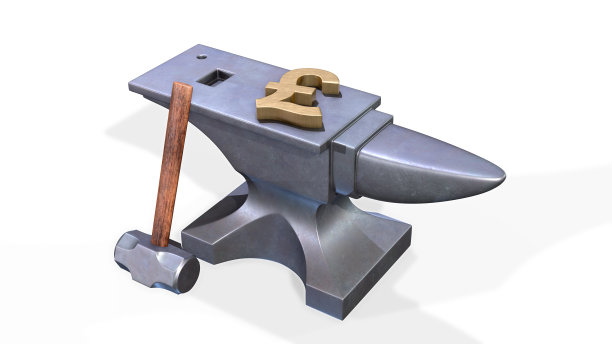 铁砧和锤子与金磅符号孤立在白色的背景图片下载