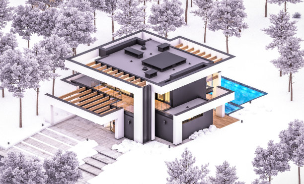 3d渲染现代住宅在冬天的晚上豪华风格图片下载