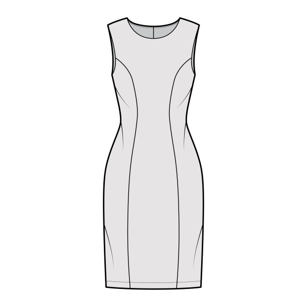 连衣裙公主线技术时尚插画与无袖，合身的身体，长及膝盖的铅笔裙。平的服装图片下载