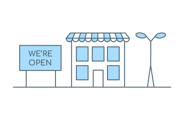 大楼有开放标志和街灯图片下载